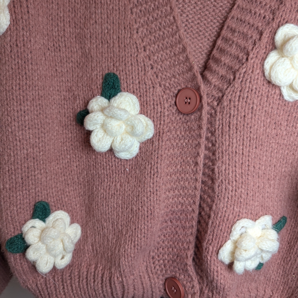 Luna Ivy Women's Size L Floral Embellished Pink Cardigan Sweater - Picture 4 of 9